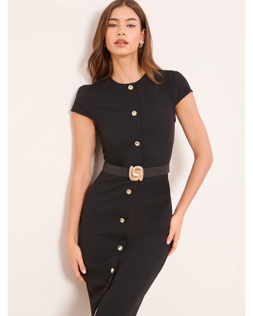 Lipsy Women's Black Cap Sleeve Button Through Belted Bodycon Midi Dress