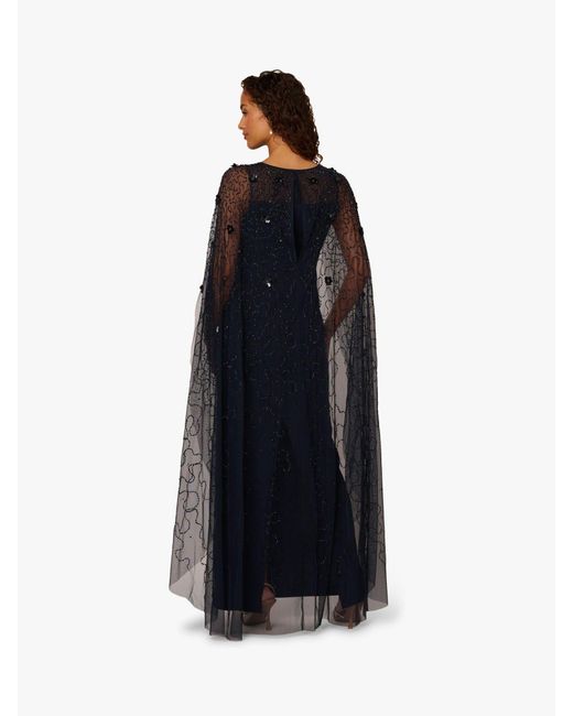 Adrianna Papell Blue Bead Cape Crepe Long Dress