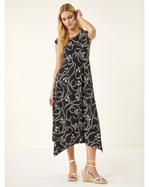 Roman Women's Natural Bow Print Hanky Hem Maxi Dress - hulwithkids.com