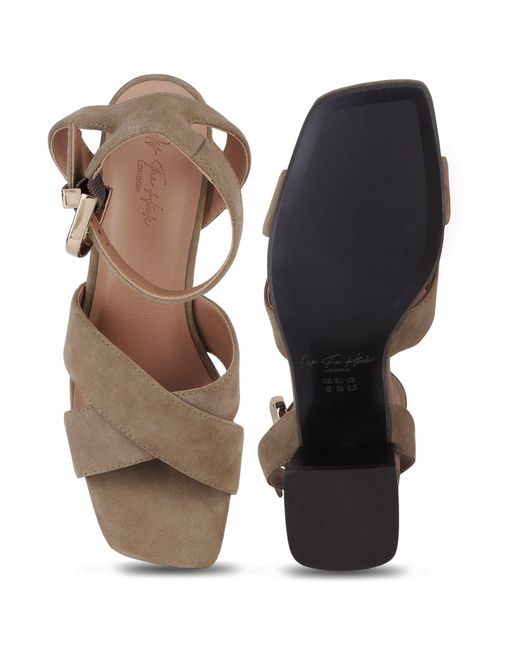 OFF THE HOOK Brown Ruby Suede Leather Heeled Sandals With Crossover Front Strap