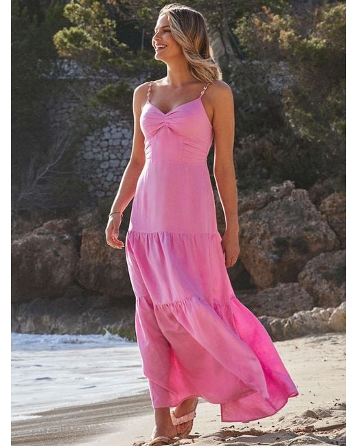Sosandar Pink Petite Linen Rich Tiered Hem Maxi Dress