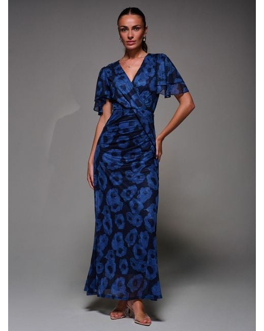 Jolie Moi Blue Angel Sleeve Draped Mesh Maxi Dress