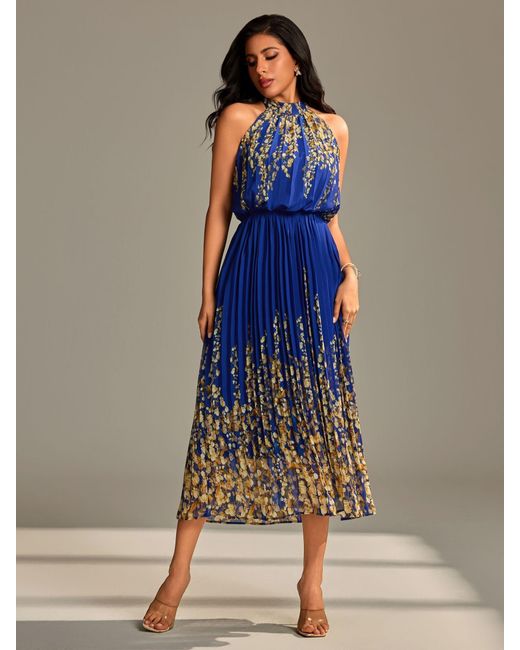 Jolie Moi Women's Blue Mirrored Chiffon Pleated Maxi Dress