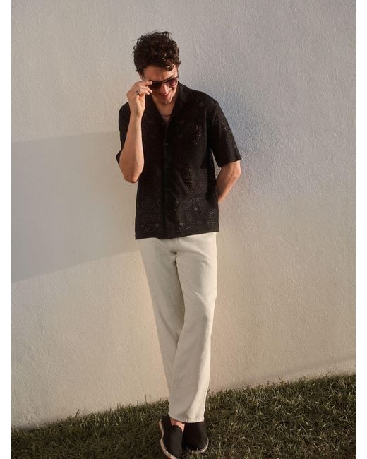 Next Black Short Sleeve Crochet Shirt With Cuban Collar for men