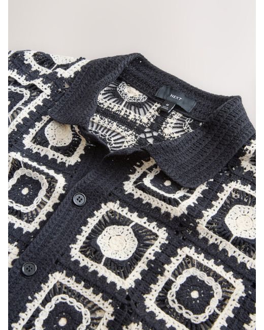 Next Black Relaxed Fit Cotton Rich Short Sleeve Knit Crochet Pattern Button-Through Polo Shirt for men