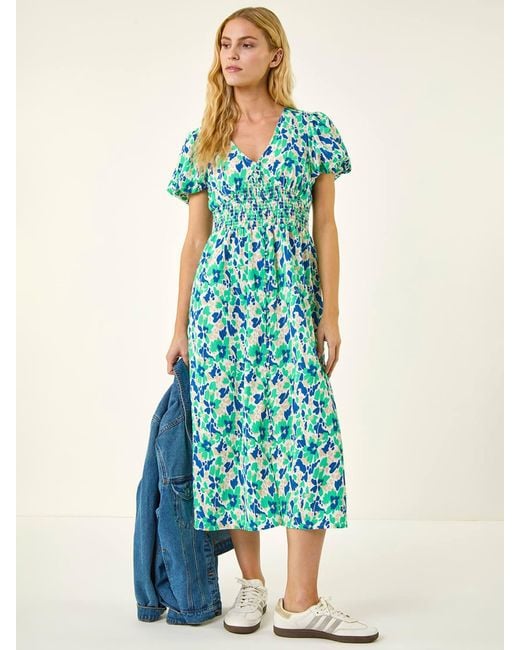 Roman Abstract Shirred Waist Midi Dress in Blue | Lyst