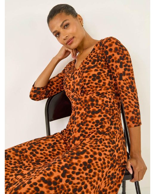 Roman Orange Spot Wrap Bodice Dress