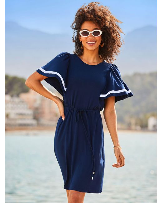 Sosandar Blue Contrast Trim Angel Sleeve Jersey Dress