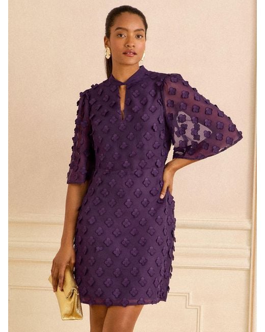 Love & Roses Purple Petite 3D Floral Angel Sleeve Mini Dress