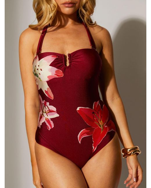 South Beach Red Floral U Wire Bandeau Tummy Control Swimsuit With Removable Straps