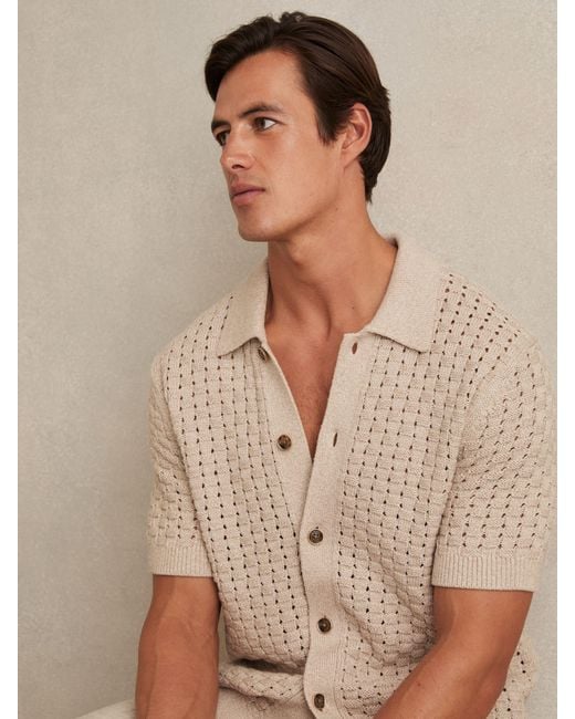 Reiss Brown Basketweave Knit Button Through Cotton Blend Shirt for men