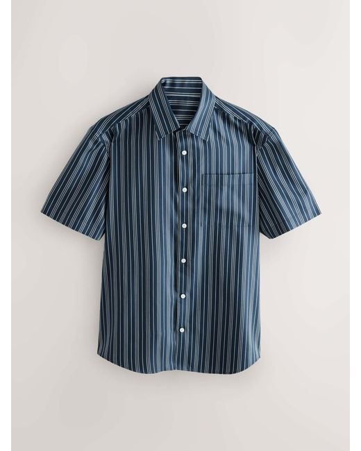 Next Blue Regular Fit Stripe Short Sleeve Lyocel Cotton Blend Smart Shirt for men