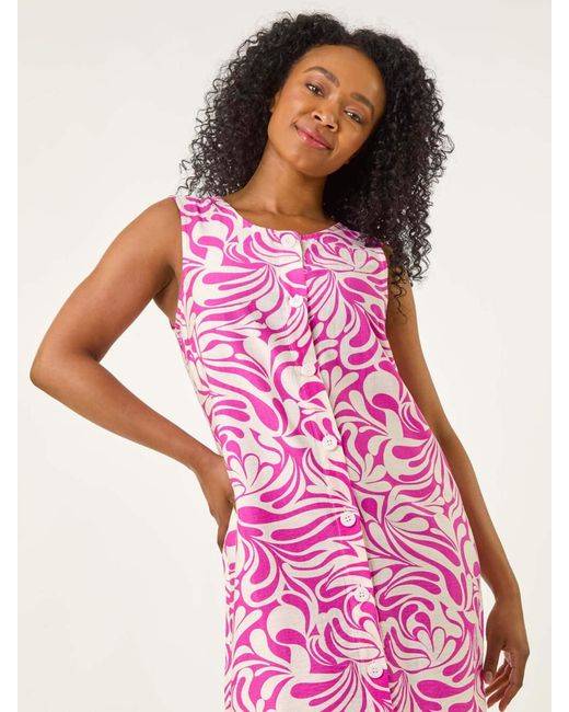 Roman Pink Petite Leaf Print Buttoned A-Line Dress