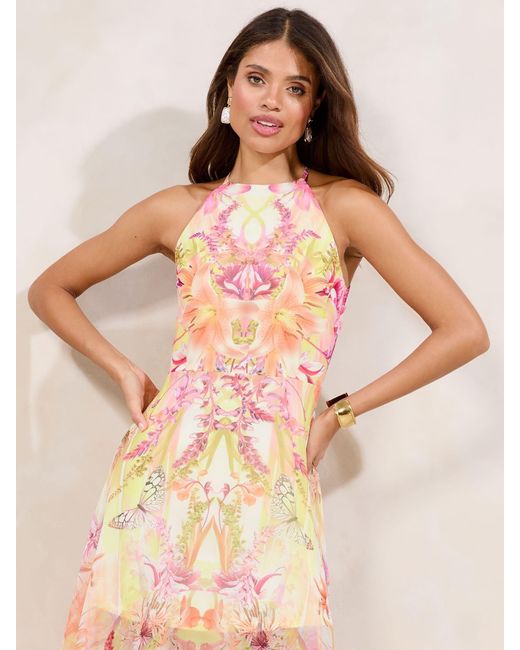 Lipsy Pink Printed Halter Chiffon Sleeveless Maxi Dress