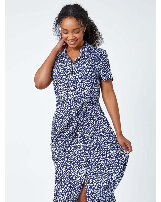 Roman Blue Petite Ditsy Floral Print Shirt Dress