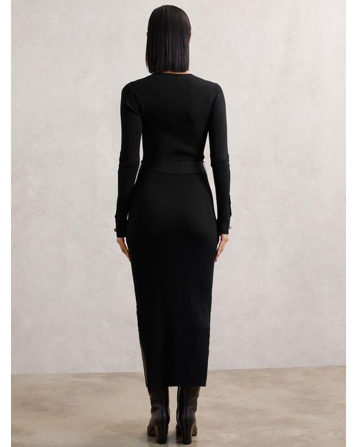 Reiss Black Buttoned Rib-Knit Midi Dress