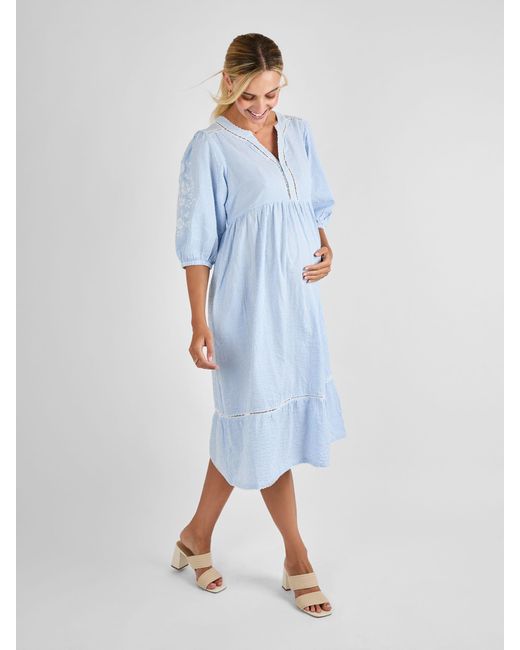 Jojo Maman Bb Women's Blue Stripe Embroidered Maternity 100% Cotton Dress