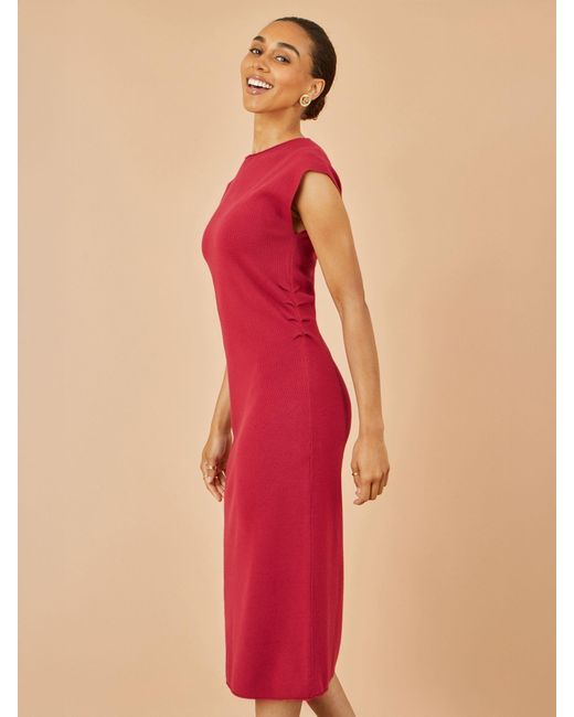 Yumi' Pink Knitted Ruched Midi Dress