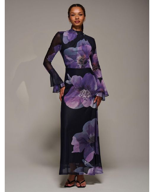 Jolie Moi Purple Ruffle Long Sleeve Mesh Maxi Dress