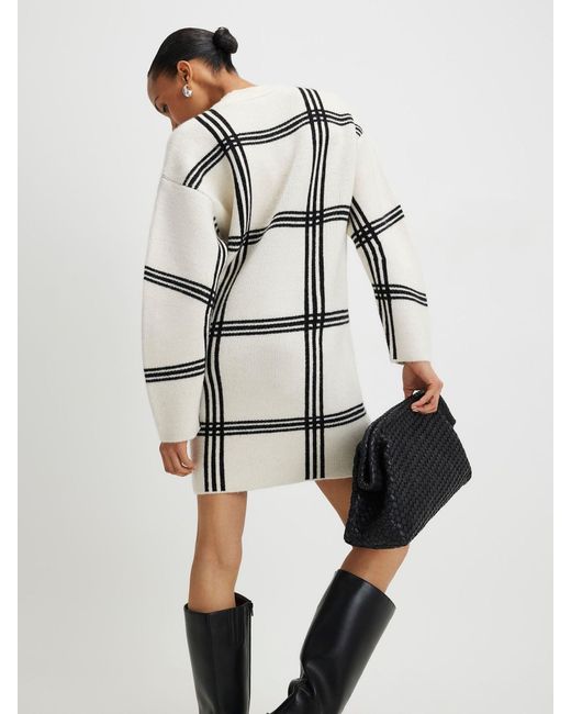 River Island Long Sleeve Checked Knitted Mini Dress in White | Lyst