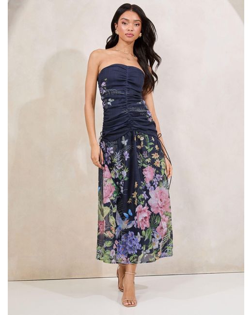 Lipsy Blue Ruched Front Bandeau Midi Dress With Removable Straps