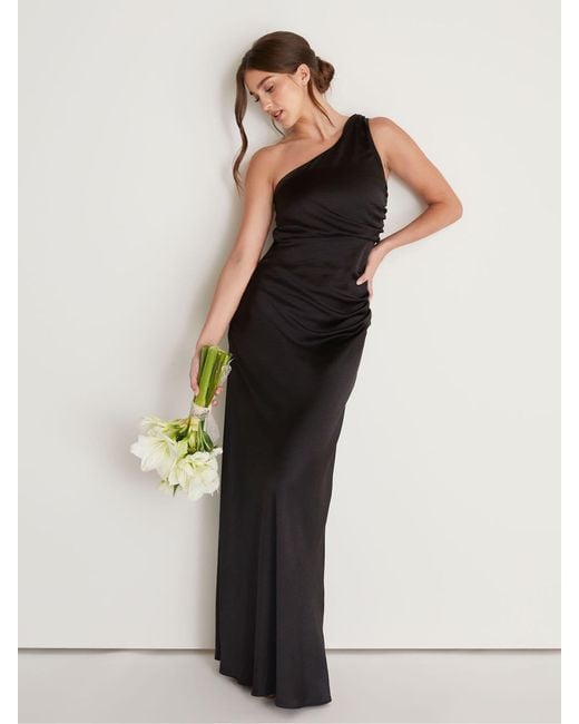 Six Stories Black One Shoulder Satin Ruched Bridesmaid Dress