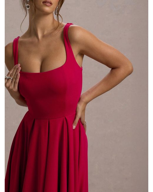 Club L London Red Parina Strappy Volume Hem Midi Dress