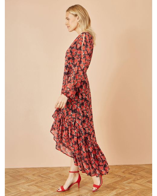 Yumi' Red Rose Print Dipped Hemline Midi Dress With Open Long Sleeves