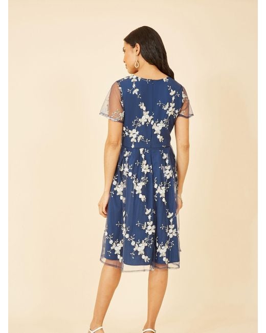 Yumi' Blue Embroidered Floral Skater Dress