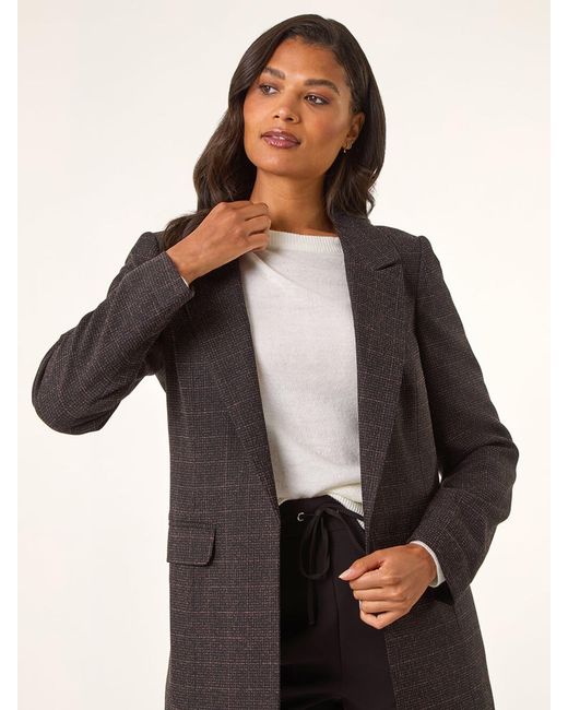 Roman Natural Check Print Longline Blazer