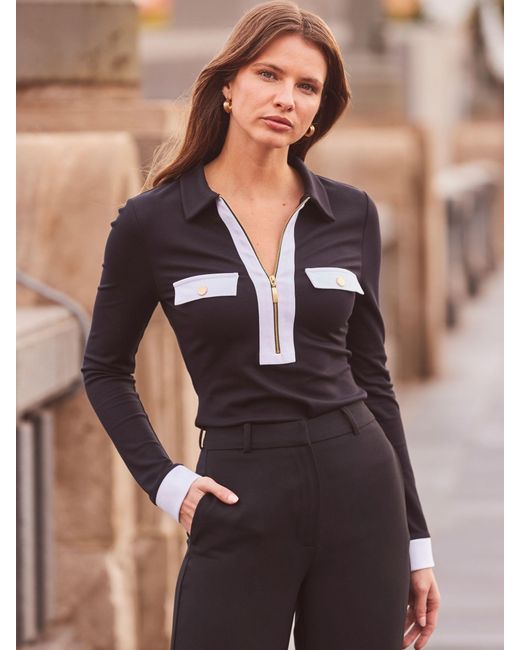 Sosandar Brown Contrast Trim Zip Detail Jersey Top