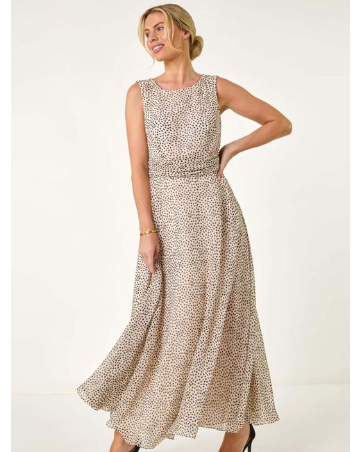 Roman Natural Petite Spot Print Ruched Waist Midi Dress