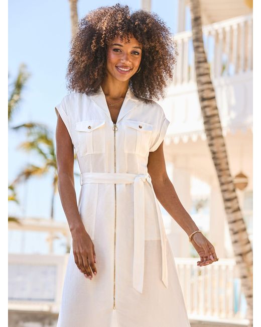 Sosandar Linen Blend Belted Zip Through Utility Shirt Dress in Natural |  Lyst