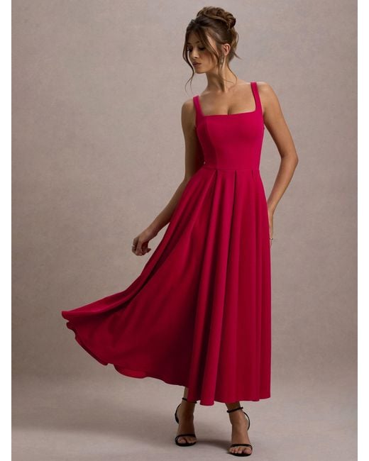 Club L London Red Parina Strappy Volume Hem Midi Dress