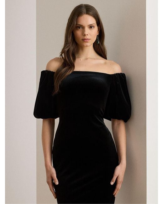 Ralph Lauren Black Faraine Velvet Off The Shoulder Puff Sleeve Midi Dress