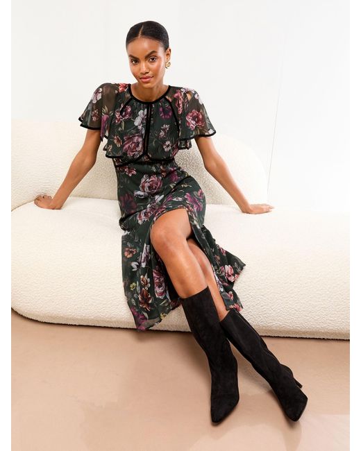 Lipsy Natural Petite Angel Sleeve Floral Print Velvet Tipped Midi Dress