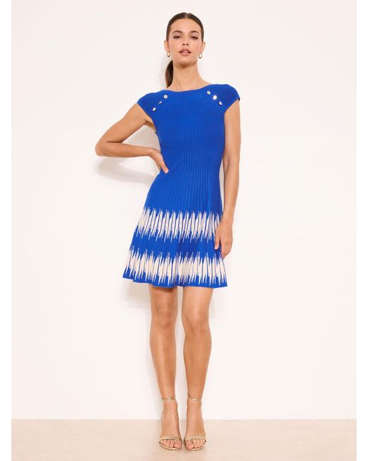 lipsy knitted dress Boat Neck Patterned Hem Buttoned Mini Knit in Blue autumn-winter