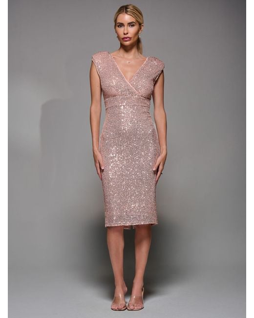 Jolie Moi Gray Wrap Bodice Sequin Midi Dress