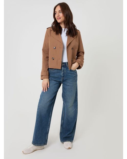 Threadbare Blue Double Breasted Cropped Trench Jacket