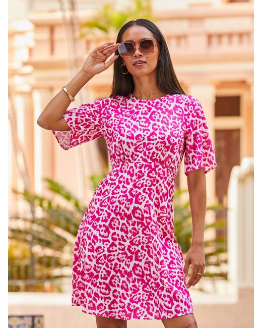 Sosandar Pink Animal Print Fluted Sleeve Fit And Flare Dress
