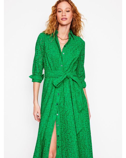 Boden Green 100% Cotton Amy Broderie Midi Shirt Dress