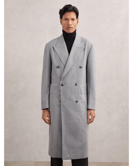 Reiss Gray Double-Breasted Relaxed-Fit Overcoat for men