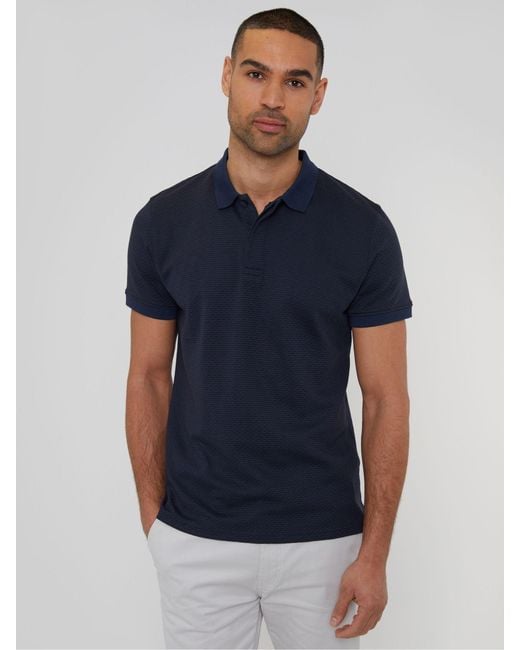 Threadbare Blue Textured Hidden Placket Polo Shirt for men
