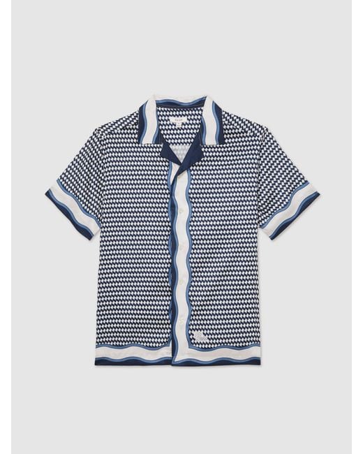 Reiss Blue Oe Vanpelt Geometric-Print Cuban-Collar Shirt for men