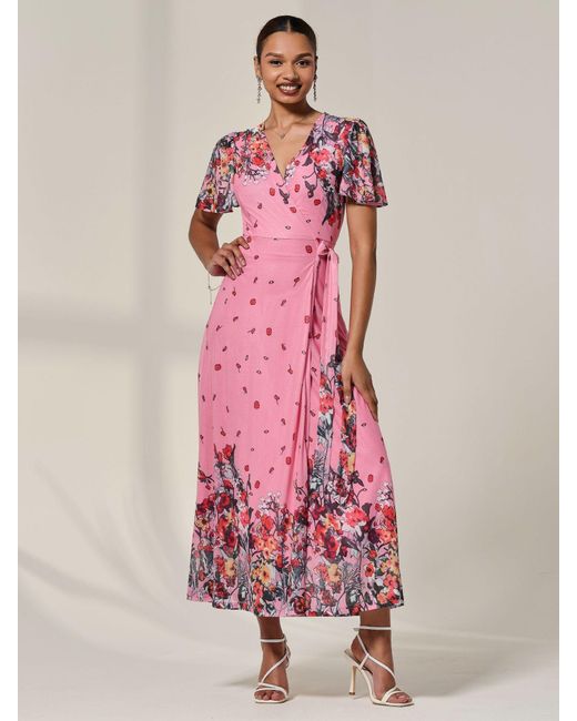 Jolie Moi Pink Floral Mirror Mesh Wrap Maxi Dress