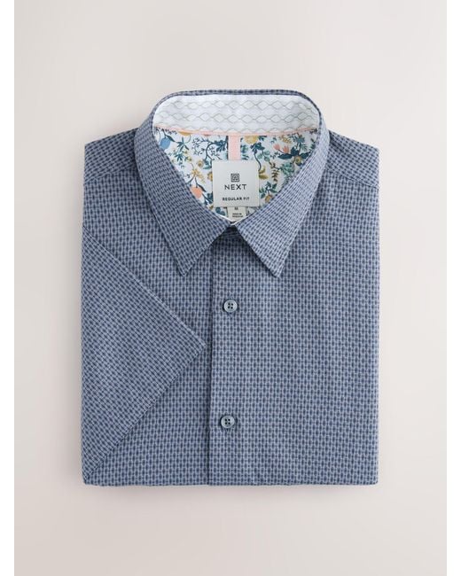Next Blue Regular Fit Regular Fit Cotton Rich Trimmed Textured Short Sleeve Smart Shirt for men