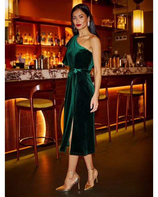 Yumi' Orange Velvet Frill One Shoulder Midi Dress With Split Hem