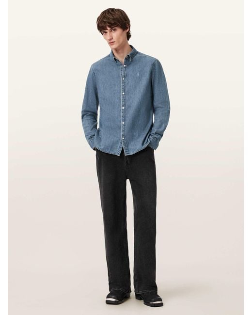 AllSaints Blue Allsaints Gleason Long Sleeve Press Stud Shirt for men