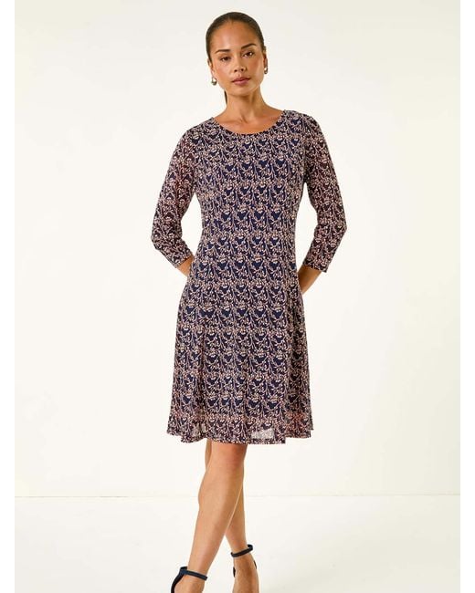 Roman Purple Petite Ditsy Floral Print Stretch Dress