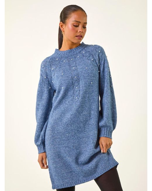 Roman Women's Blue Petite Faux Pearl Knit Dress - magambanetwork.com